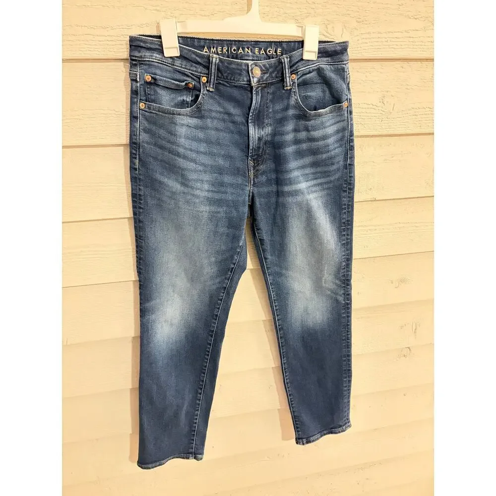 American Eagle Airflex+ Athletic Straight Jeans Medium Wash Stretch Denim 33x32 - Picture 2 of 10